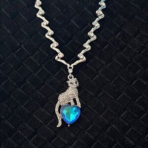 Silver Cat Pendant Necklace with Blue Heart